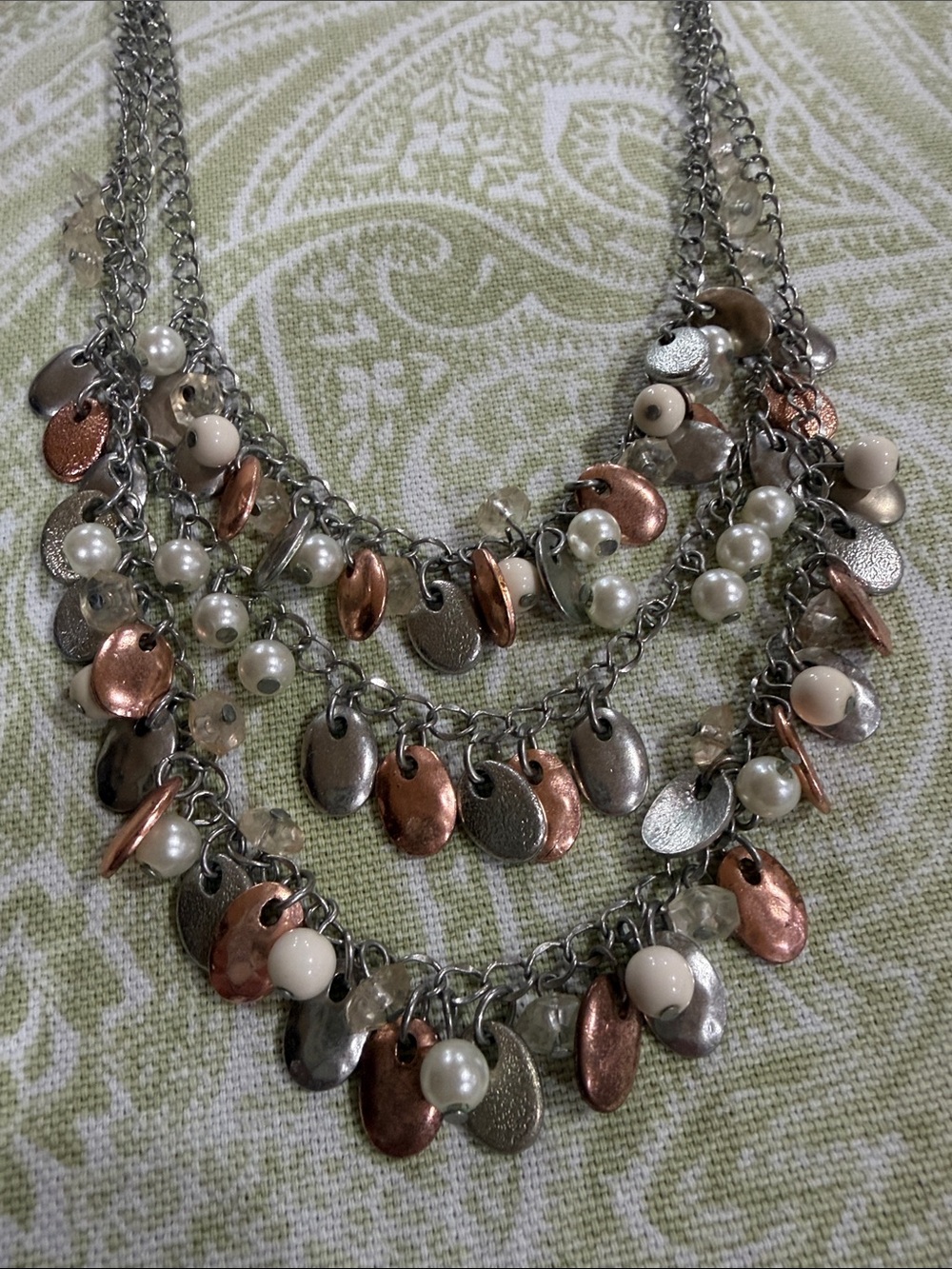 WHBM 3 strand silver copper pearl tone necklace